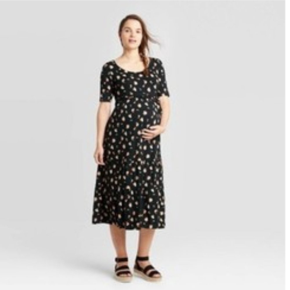 Maternity Floral Print Elbow Sleeve Tiered Knit XS